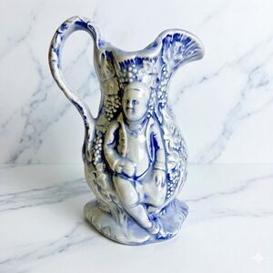 Vintage Signed Elizabeth Groen Studio Pottery Hand-Painted Figural Relief Jug